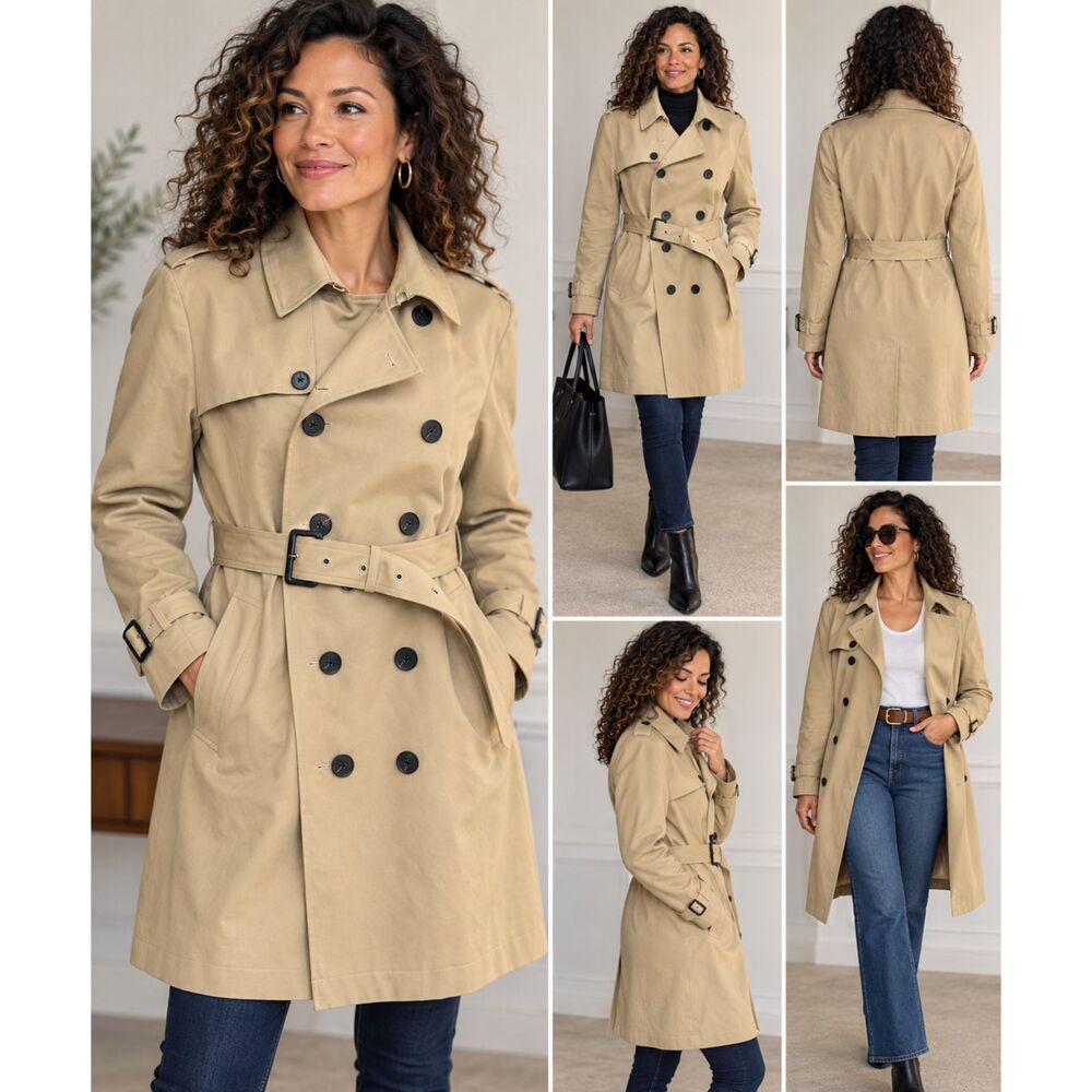 ASOS Women's Beige 100% Cotton Double-Breasted Belted Trench Coat Size L